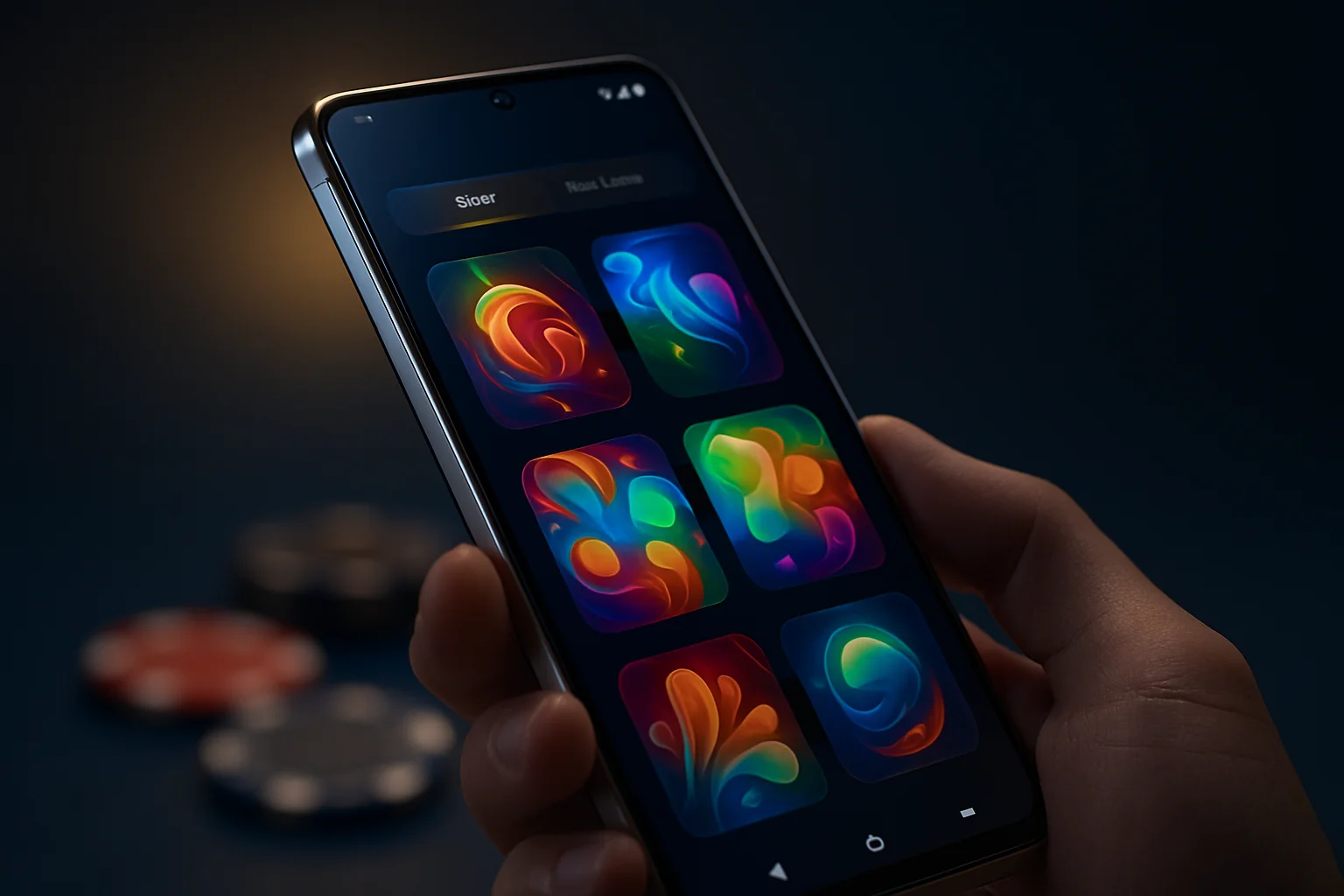 Flagship Android smartphone displaying vivid casino app interface in dramatic lighting