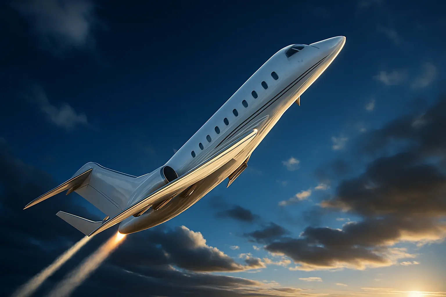 Hyperrealistic white jet aircraft climbing steeply in dramatic blue sky