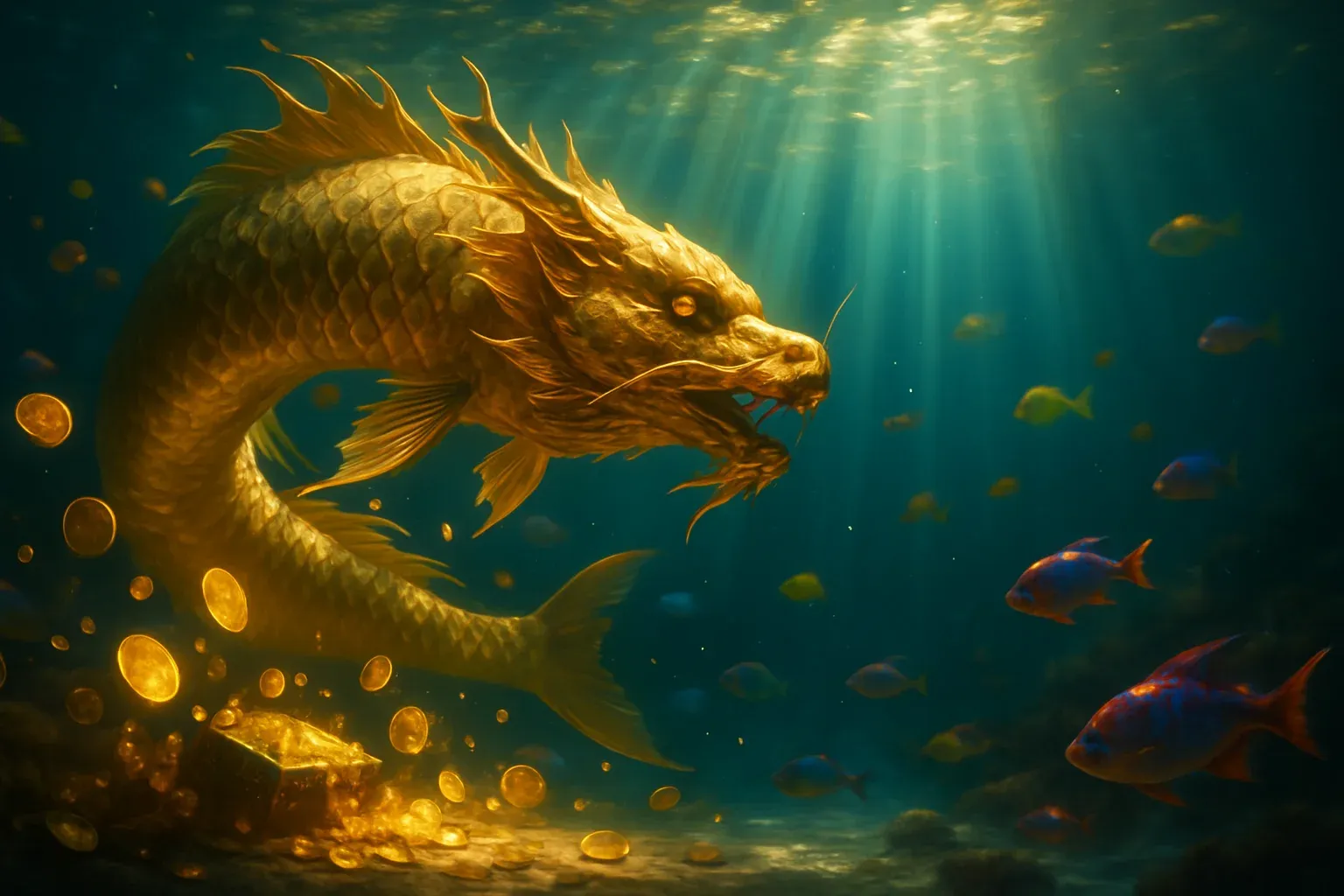 Hyperrealistic golden dragon fish underwater with treasure and glowing coins