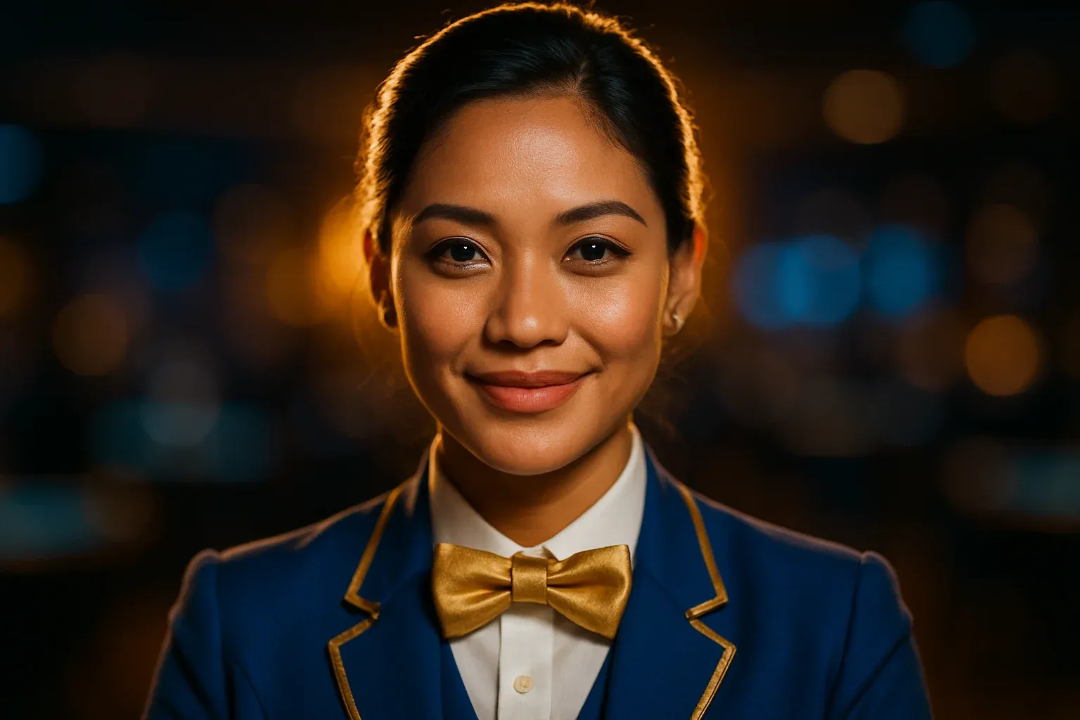 Hyperrealistic close-up portrait of glamorous Filipino casino dealer smiling confidently