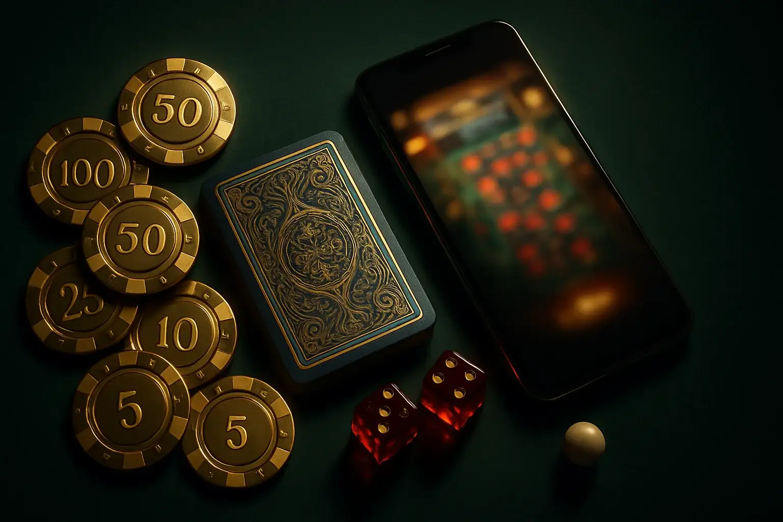 Top-down casino table with gold chips, cards, dice, roulette ball, smartphone