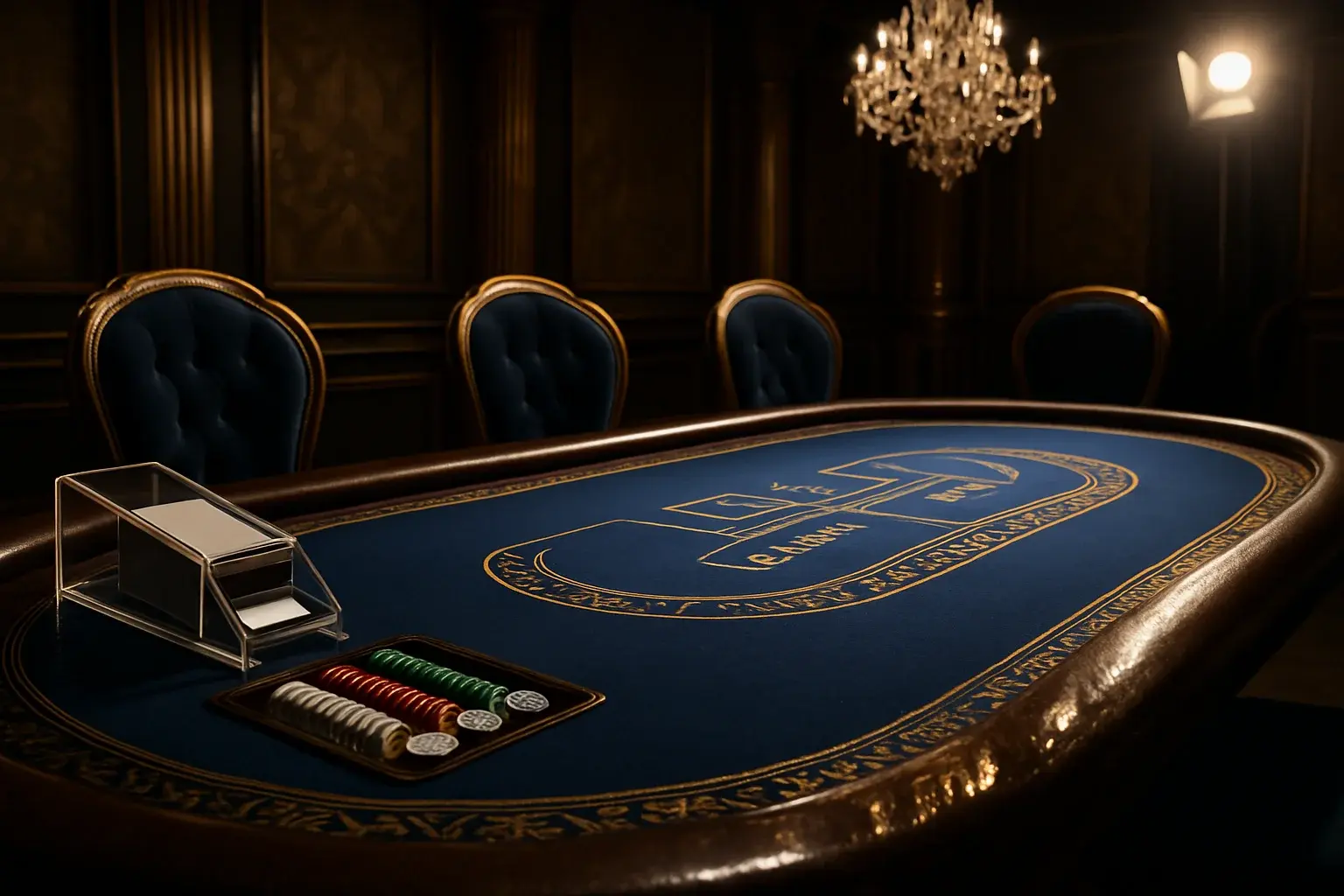 Hyperrealistic premium live baccarat studio in the Philippines with blue felt table