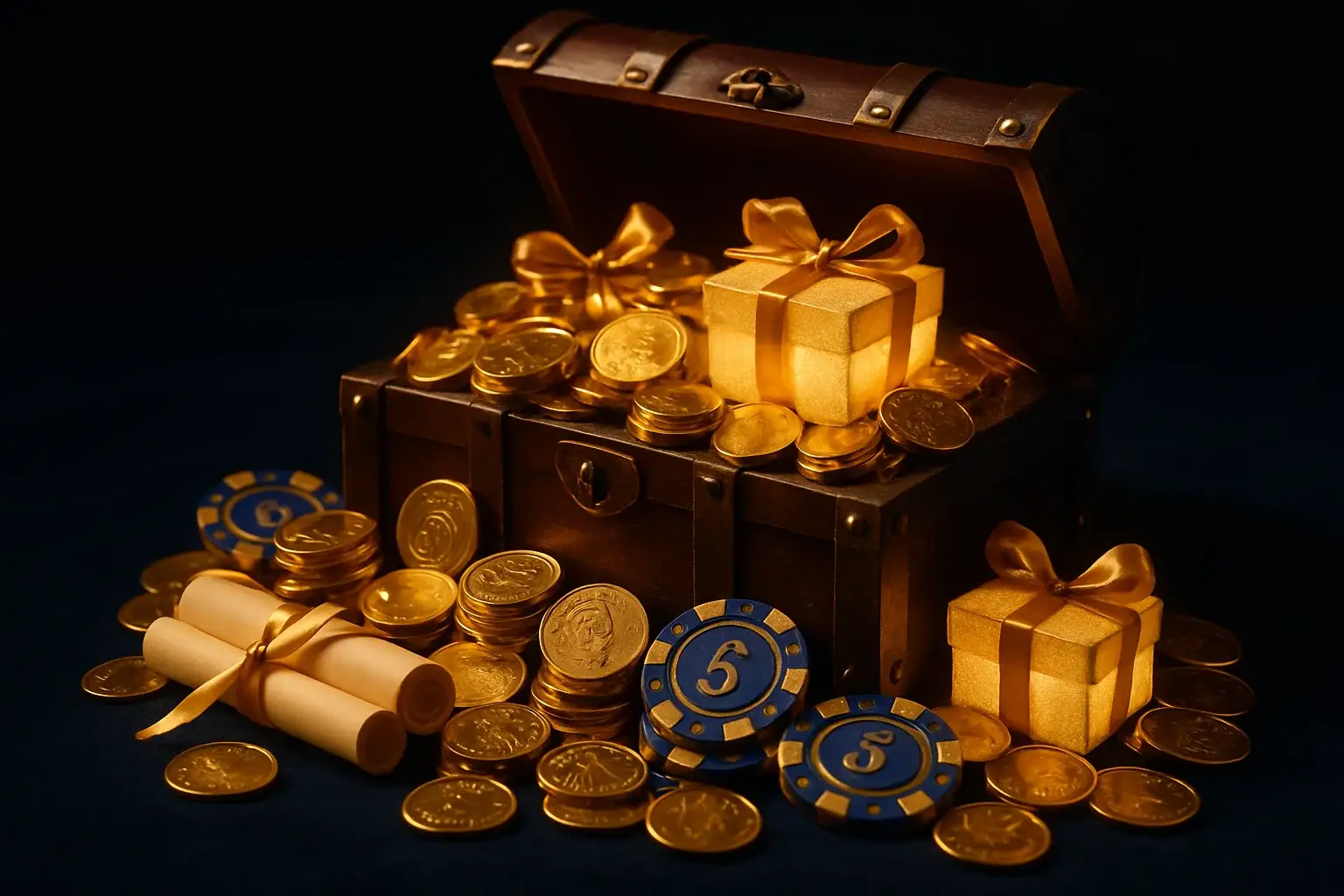 Overflowing treasure chest with golden coins, casino chips, vouchers, and gift boxes