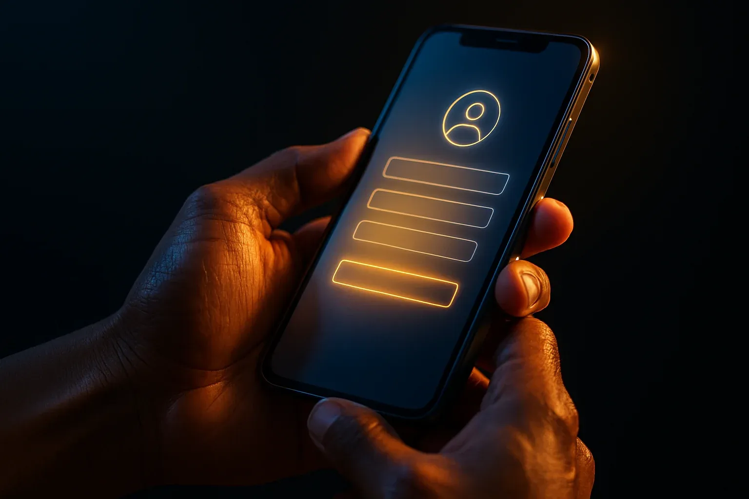 Filipino man's hands holding smartphone with glowing registration interface