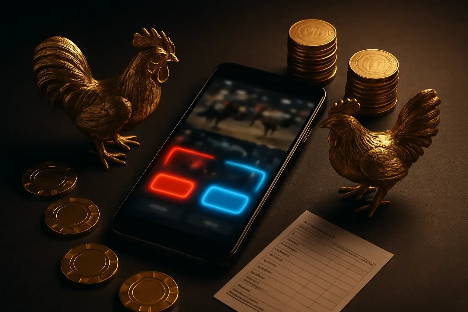 Smartphone with sabong betting interface, golden roosters, coins, and chips